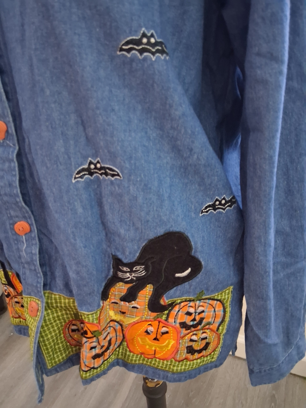 Tantrums Halloween Denim Jacket with Pumpkin & Bat Motifs - Blue - Picture 2 of 6